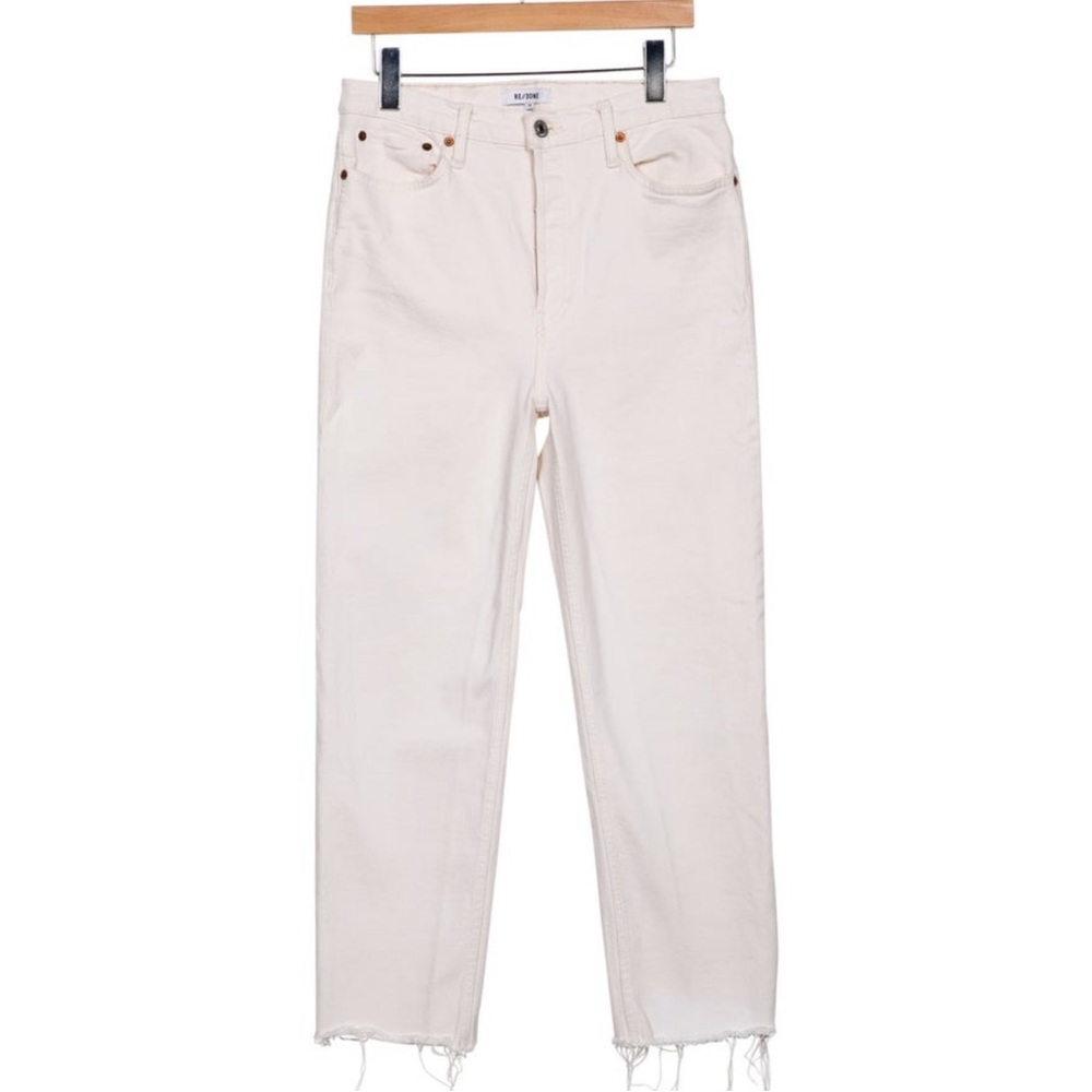 RE/DONE 70s Stovepipe High Rise Straight Leg Jeans Raw Hem White Denim | Size 29